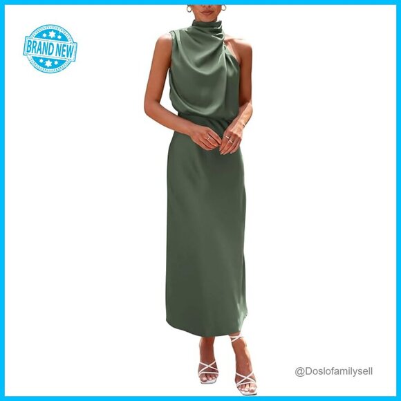Dresses & Skirts - Elegant Satin Maxi Dress Mock Neck Sleeveless Cocktail Party Formal Wear